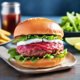 An enticing image of a unique shark meat burger, the unusual ingredient adding an exotic twist to the classic meal.