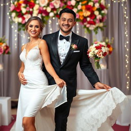 A lively wedding scene featuring a joyful bride and groom