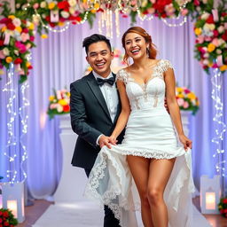 A lively wedding scene featuring a joyful bride and groom