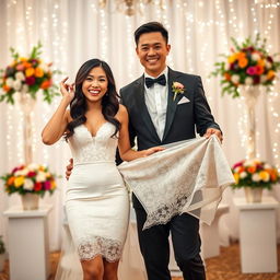 A lively wedding scene featuring a joyful bride and groom