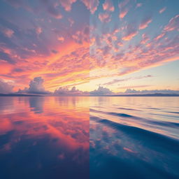A surreal landscape depicting a sky filled with fluffy, white clouds and a vibrant sunset with shades of pink, orange, and purple, perfectly mirrored between two vast bodies of water