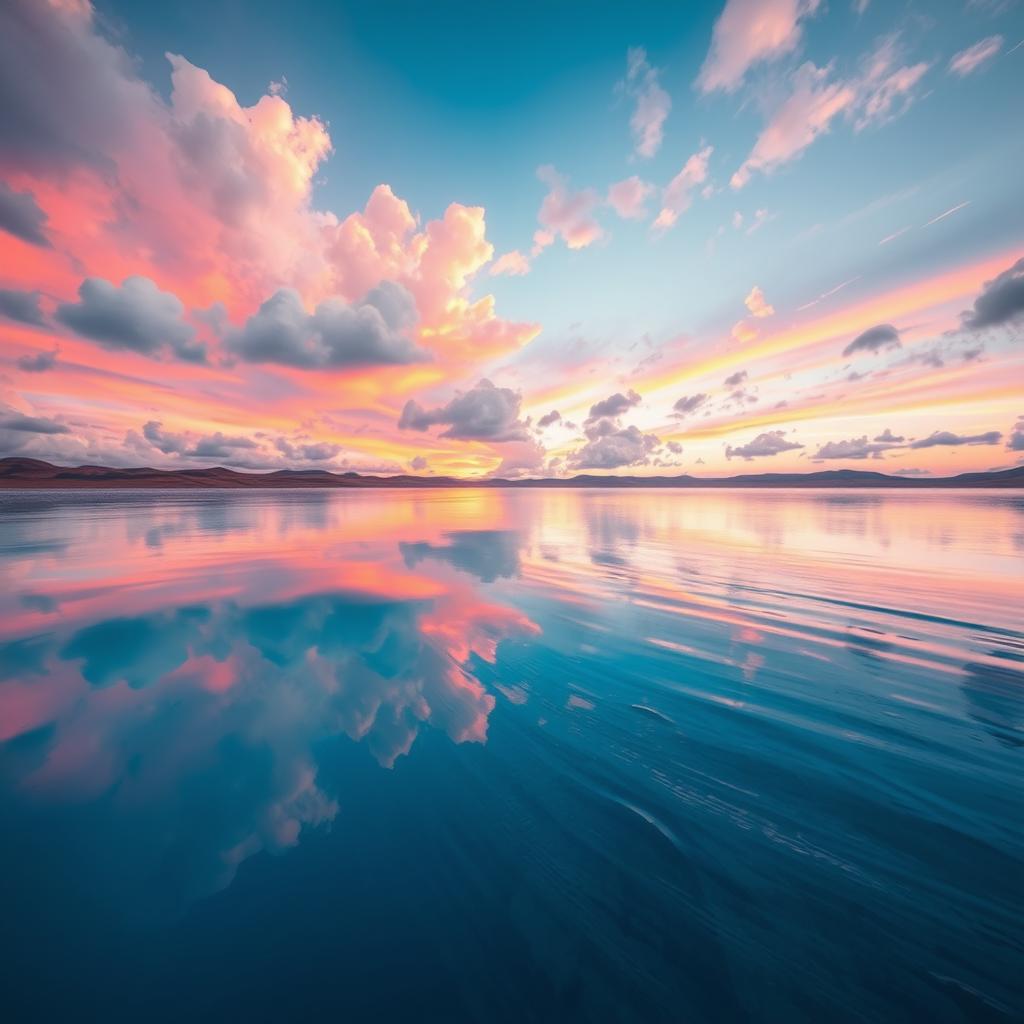 A surreal landscape depicting a sky filled with fluffy, white clouds and a vibrant sunset with shades of pink, orange, and purple, perfectly mirrored between two vast bodies of water