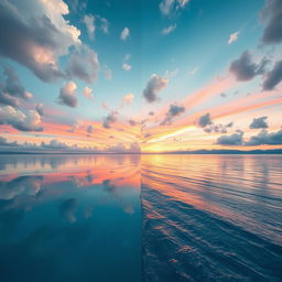 A surreal landscape depicting a sky filled with fluffy, white clouds and a vibrant sunset with shades of pink, orange, and purple, perfectly mirrored between two vast bodies of water