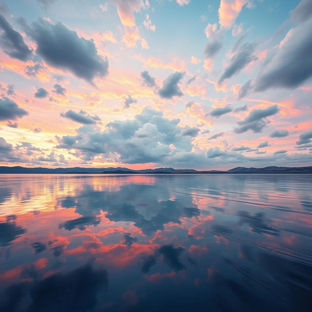 A surreal landscape depicting a sky filled with fluffy, white clouds and a vibrant sunset with shades of pink, orange, and purple, perfectly mirrored between two vast bodies of water