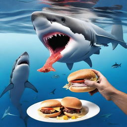 A daring and quirky image of someone feeding a shark, surprisingly with a hamburger, in the ocean.