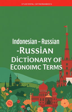 An illustrated cover design for an 'Indonesian-Russian Dictionary of Economic Terms', featuring a blend of Indonesian and Russian cultural motifs