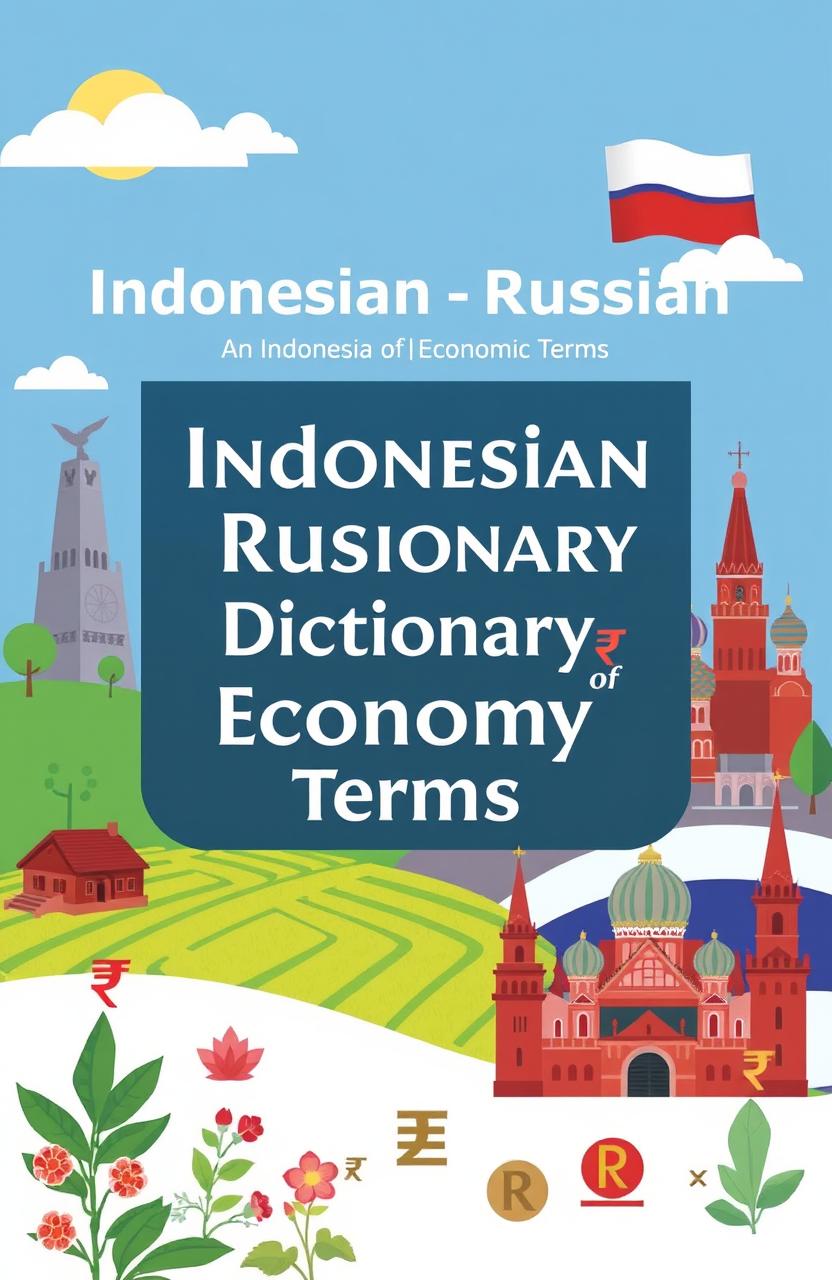 An illustrated cover design for an 'Indonesian-Russian Dictionary of Economic Terms', featuring a blend of Indonesian and Russian cultural motifs