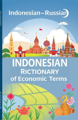 An illustrated cover design for an 'Indonesian-Russian Dictionary of Economic Terms', featuring a blend of Indonesian and Russian cultural motifs