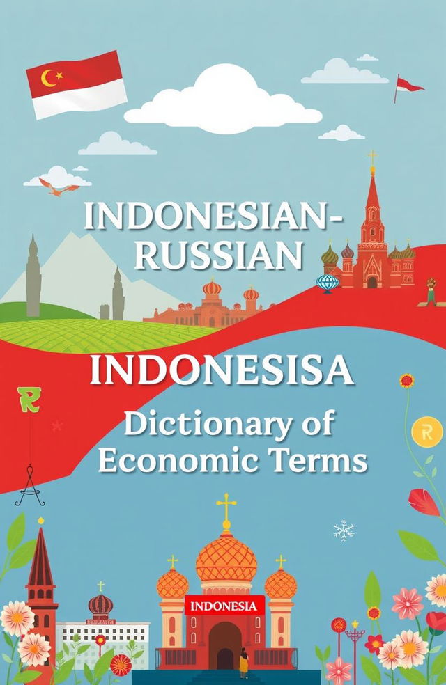 An illustrated cover design for an 'Indonesian-Russian Dictionary of Economic Terms', featuring a blend of Indonesian and Russian cultural motifs