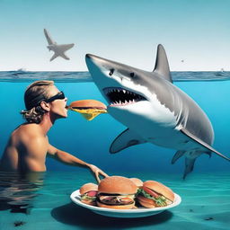 A daring and quirky image of someone feeding a shark, surprisingly with a hamburger, in the ocean.