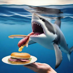 A daring and quirky image of someone feeding a shark, surprisingly with a hamburger, in the ocean.