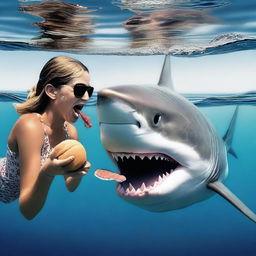 A daring and quirky image of someone feeding a shark, surprisingly with a hamburger, in the ocean.