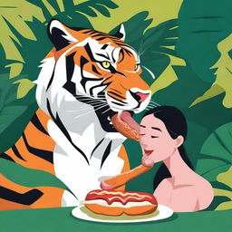 A bold image of a person feeding a tiger, unusually using a juicy hot dog, set against a lush jungle backdrop.