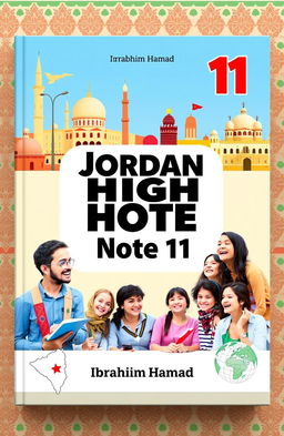 A visually appealing book cover design for an English teaching resource titled 'Jordan High Note 11', authored by Ibrahim Hamad