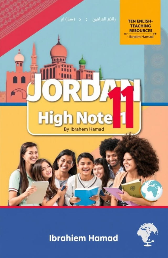 A visually appealing book cover design for an English teaching resource titled 'Jordan High Note 11', authored by Ibrahim Hamad