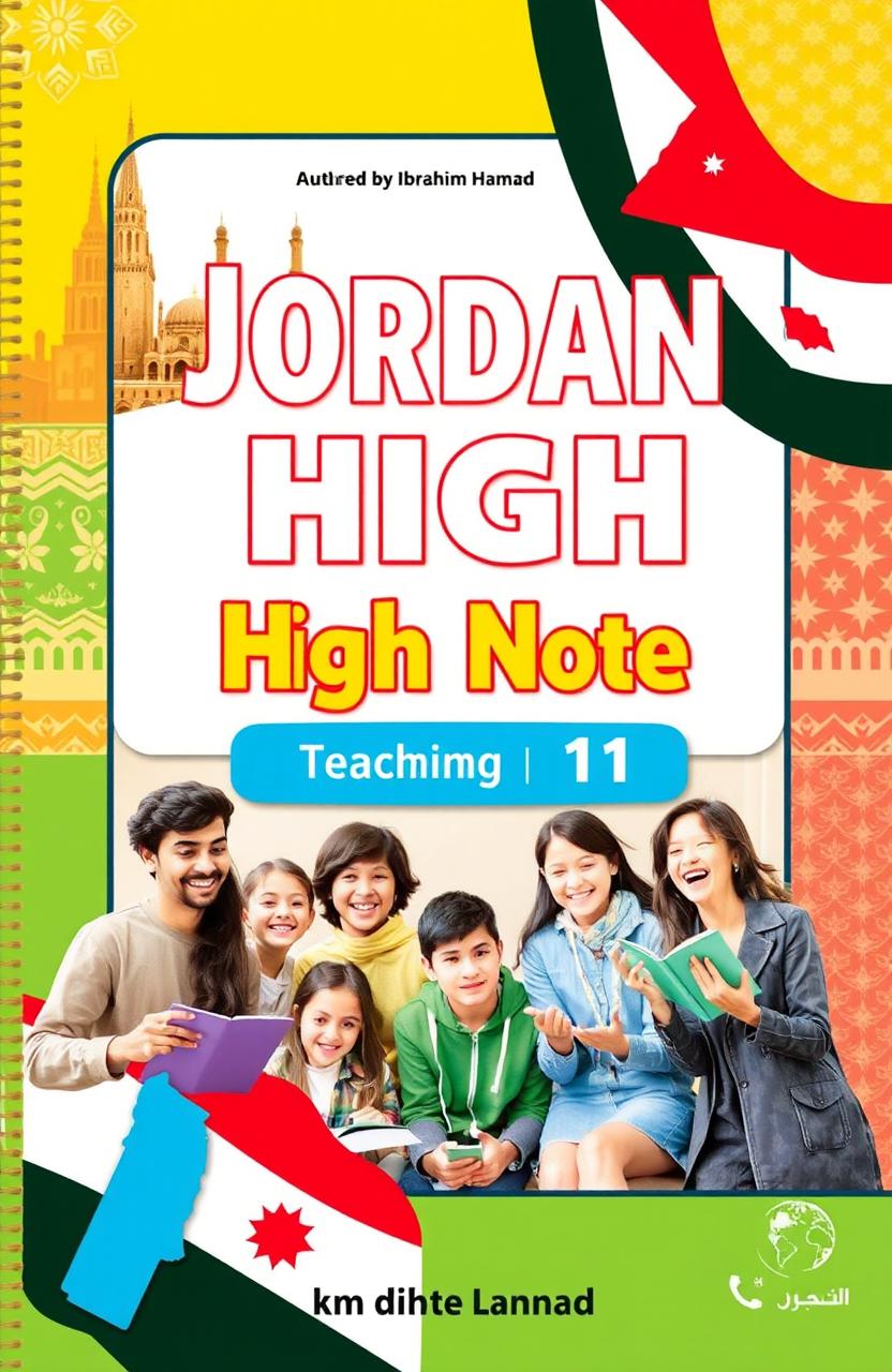 A visually appealing book cover design for an English teaching resource titled 'Jordan High Note 11', authored by Ibrahim Hamad