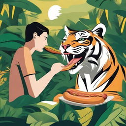 A bold image of a person feeding a tiger, unusually using a juicy hot dog, set against a lush jungle backdrop.