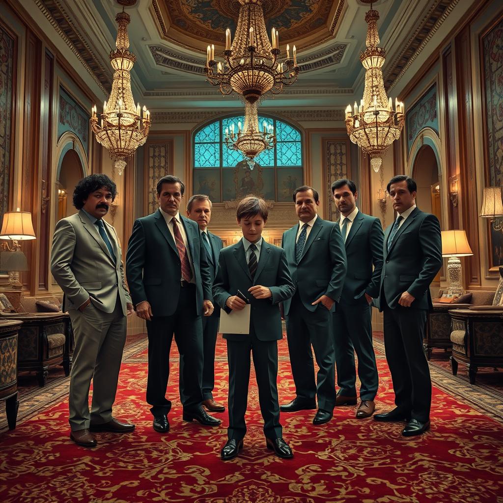 In a dramatic and suspenseful scene set in a lavish hotel lobby, a group of agents from the FBI, FSB, and CIA, all in formal attire, gather around a mysterious figure—a young Russian schoolboy detective