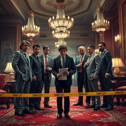 In a dramatic and suspenseful scene set in a lavish hotel lobby, a group of agents from the FBI, FSB, and CIA, all in formal attire, gather around a mysterious figure—a young Russian schoolboy detective