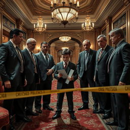 In a dramatic and suspenseful scene set in a lavish hotel lobby, a group of agents from the FBI, FSB, and CIA, all in formal attire, gather around a mysterious figure—a young Russian schoolboy detective