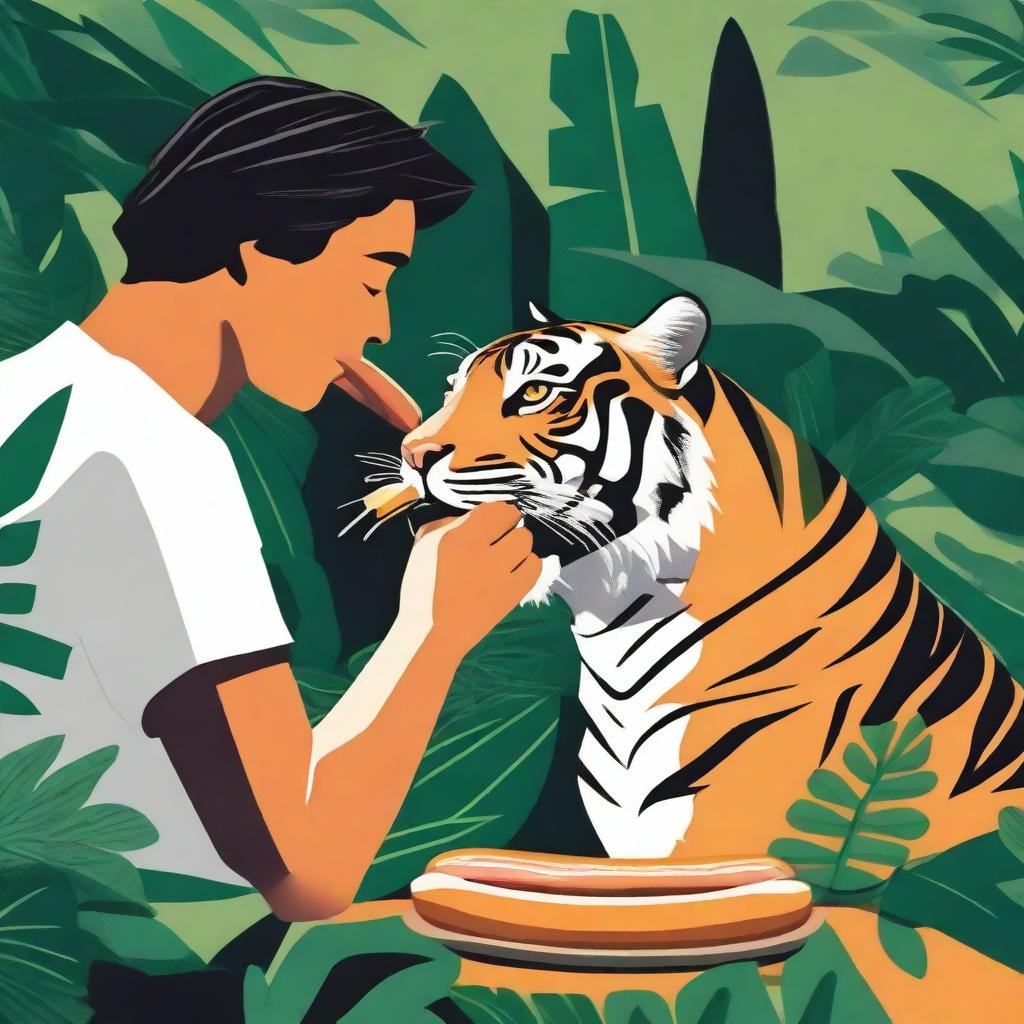 A bold image of a person feeding a tiger, unusually using a juicy hot dog, set against a lush jungle backdrop.