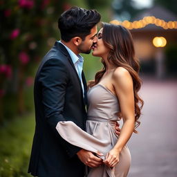 A romantic and intimate moment between a couple, showcasing a man gently kissing his wife in a loving embrace
