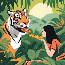 A bold image of a person feeding a tiger, unusually using a juicy hot dog, set against a lush jungle backdrop.