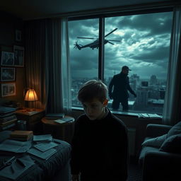 A thrilling detective scene set in a dimly lit hotel room with an atmosphere of fear and tension