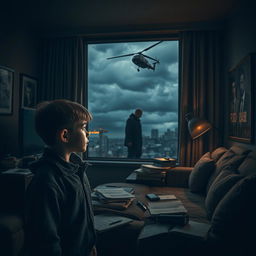 A thrilling detective scene set in a dimly lit hotel room with an atmosphere of fear and tension