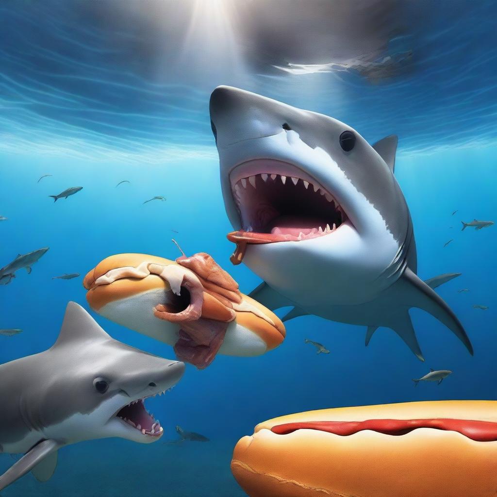 A person fearlessly feeding a shark with a hot dog in an underwater setting, depicted in hyper-realistic details to capture the audacious scene