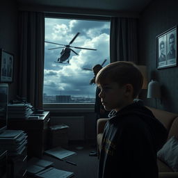 A thrilling detective scene set in a dimly lit hotel room with an atmosphere of fear and tension