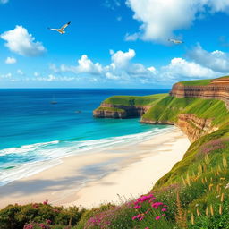An expansive landscape where land meets the ocean, showcasing a stunning beach with soft, white sand and gentle waves lapping at the shore