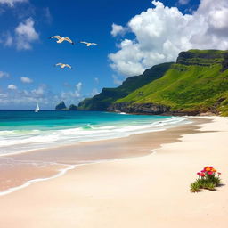An expansive landscape where land meets the ocean, showcasing a stunning beach with soft, white sand and gentle waves lapping at the shore