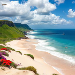 An expansive landscape where land meets the ocean, showcasing a stunning beach with soft, white sand and gentle waves lapping at the shore