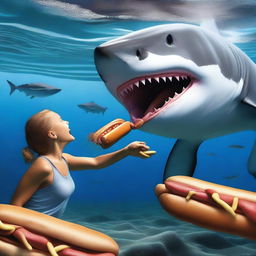 A person fearlessly feeding a shark with a hot dog in an underwater setting, depicted in hyper-realistic details to capture the audacious scene