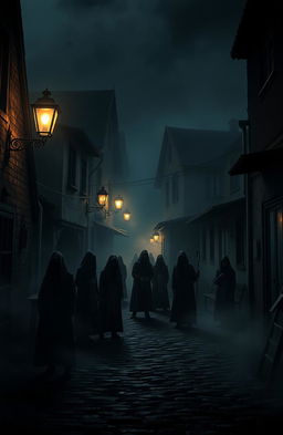 A small, dark town shrouded in mist and shadows, featuring 10 faceless figures standing silently in various poses