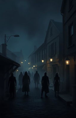 A small, dark town shrouded in mist and shadows, featuring 10 faceless figures standing silently in various poses