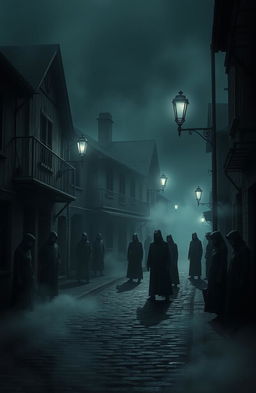 A small, dark town shrouded in mist and shadows, featuring 10 faceless figures standing silently in various poses