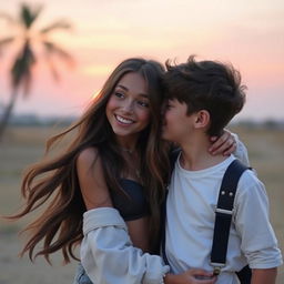 A hot girl with long flowing hair and a playful smile, wearing a stylish outfit, passionately kissing a boy's cheek in a romantic setting