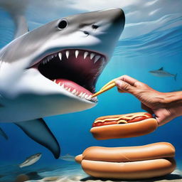 A person fearlessly feeding a shark with a hot dog in an underwater setting, depicted in hyper-realistic details to capture the audacious scene