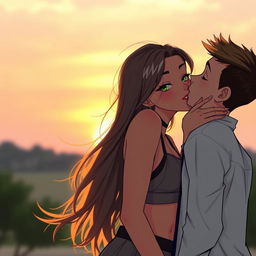 A hot girl with long flowing hair and a playful smile, wearing a stylish outfit, passionately kissing a boy's cheek in a romantic setting