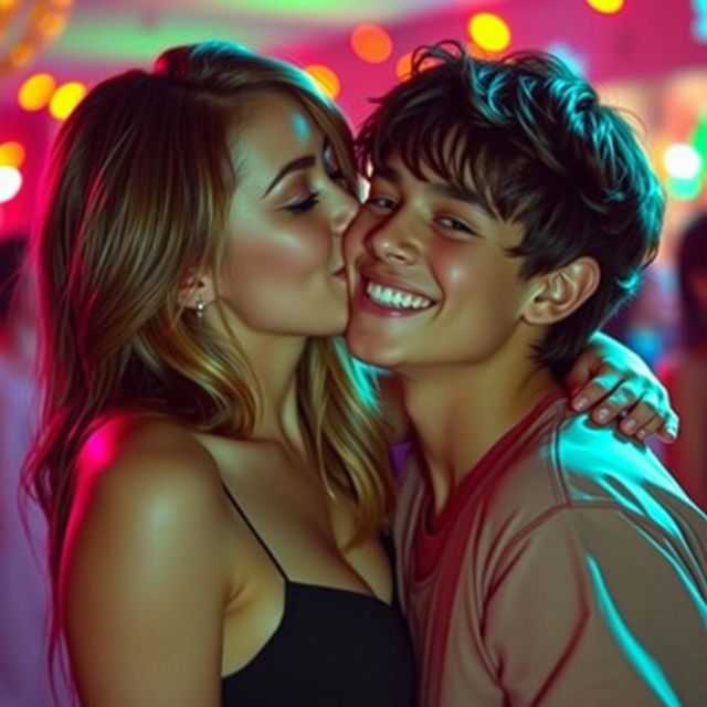 A hot girl passionately kissing a boy's cheek, with an intimate and flirtatious atmosphere