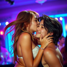 A hot girl passionately kissing a boy's cheek, with an intimate and flirtatious atmosphere