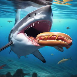 A person fearlessly feeding a shark with a hot dog in an underwater setting, depicted in hyper-realistic details to capture the audacious scene