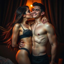 A provocative and romantic scene capturing a beautiful woman, with long flowing hair and an inviting expression, playfully kissing a suggestive part of the male anatomy, set against a warmly lit, intimate background