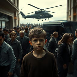 A tense and dramatic scene depicting a hotel in Moscow, filled with a diverse crowd of people