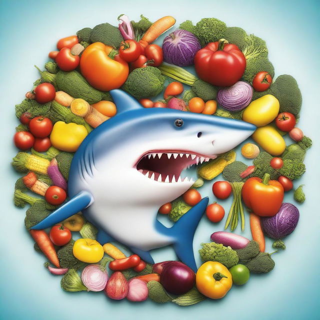 A conceptually interesting image of a shark being provided with a vibrant assortment of vegetables, implying a unique take on the carnivorous sea creature as a vegetarian