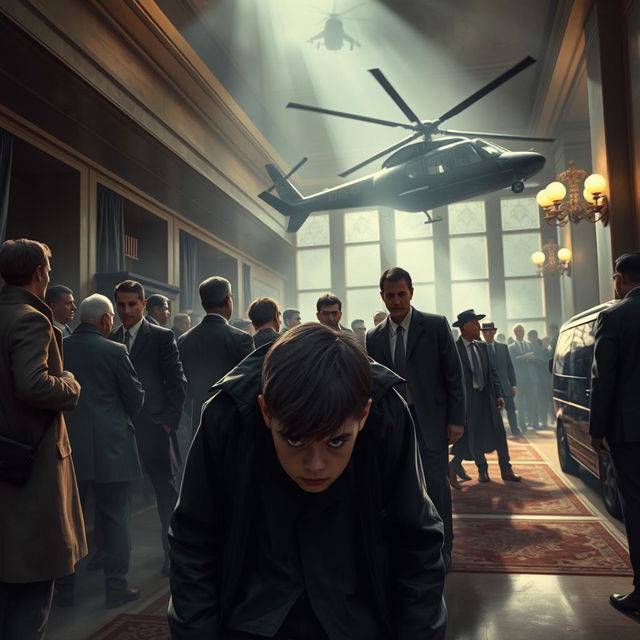 A tense and dramatic scene depicting a hotel in Moscow, filled with a diverse crowd of people