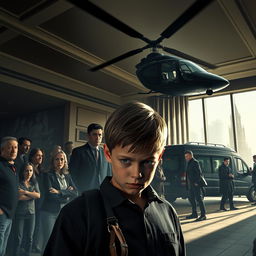A tense and dramatic scene depicting a hotel in Moscow, filled with a diverse crowd of people