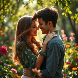 A romantic outdoor scene under soft, dappled sunlight, featuring a couple in an intimate moment